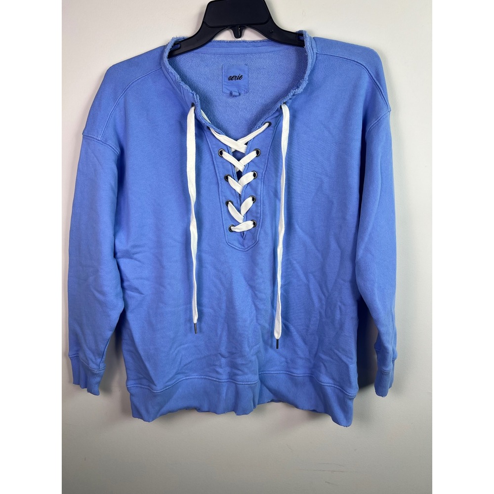 Aerie Periwinkle Blue Lace Up Sweatshirt Pullover Distressed Raw Hem Size XS